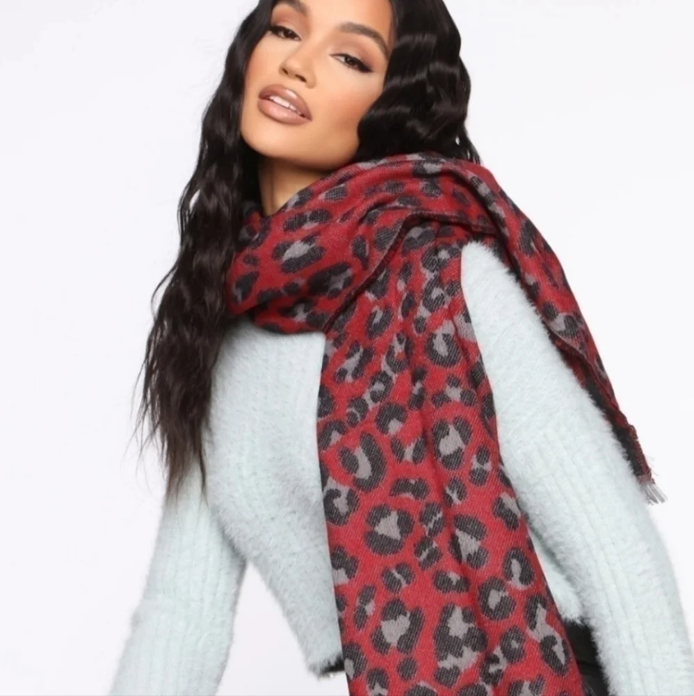 Fashion Nova Red And Gray Fringed Leopard Scarf